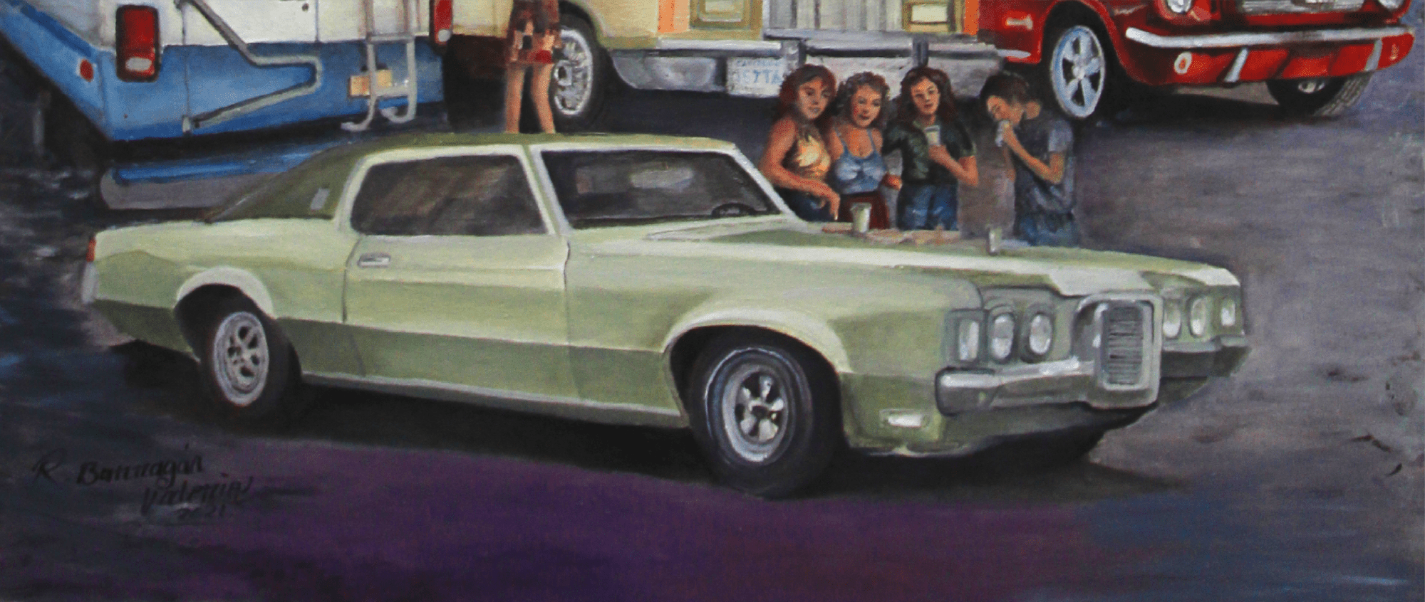 A painting of customers painted by Ricardo Barragan